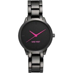 Nine West Gunmetal Bracelet Watch Black Dial Purple Hands Adjustable Womens